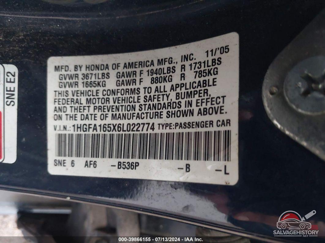 1HGFA165X6L022774 2006 HONDA CIVIC photo no. 9