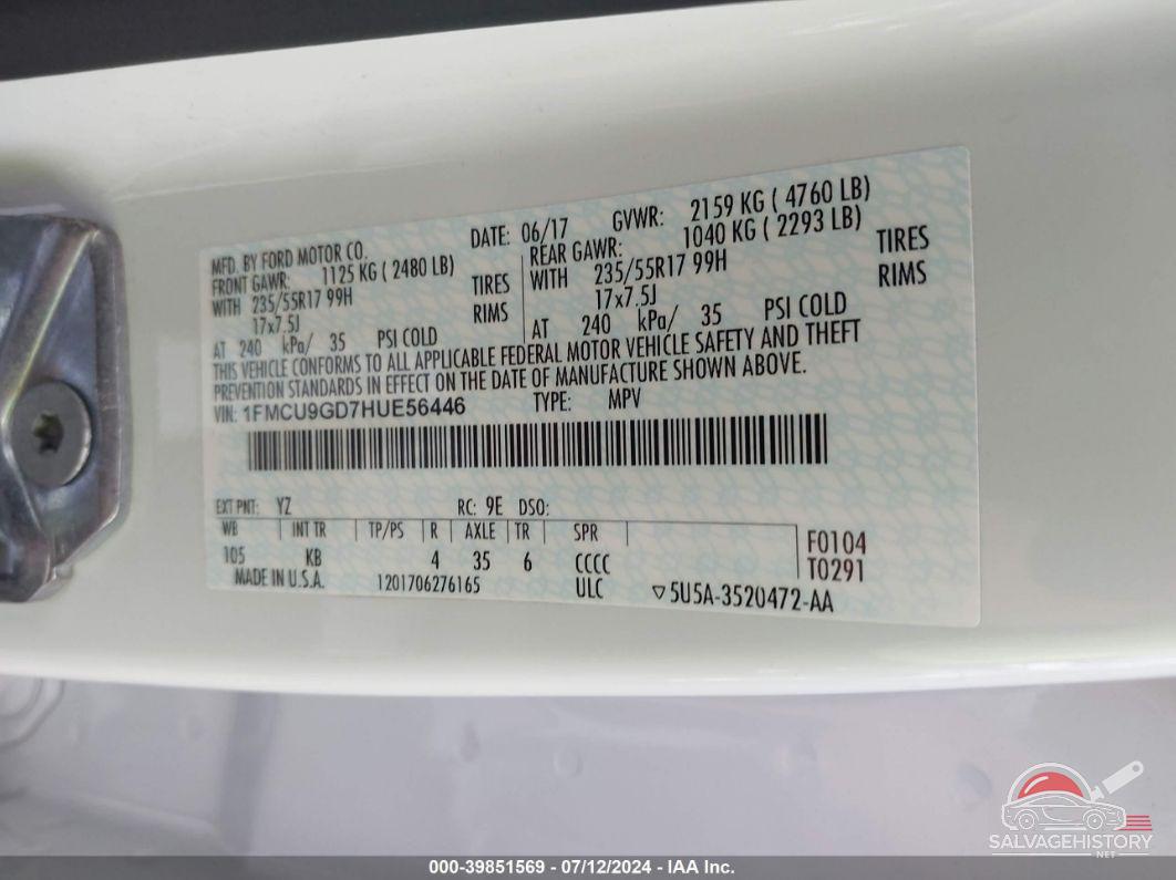 1FMCU9GD7HUE56446 2017 FORD ESCAPE photo no. 9