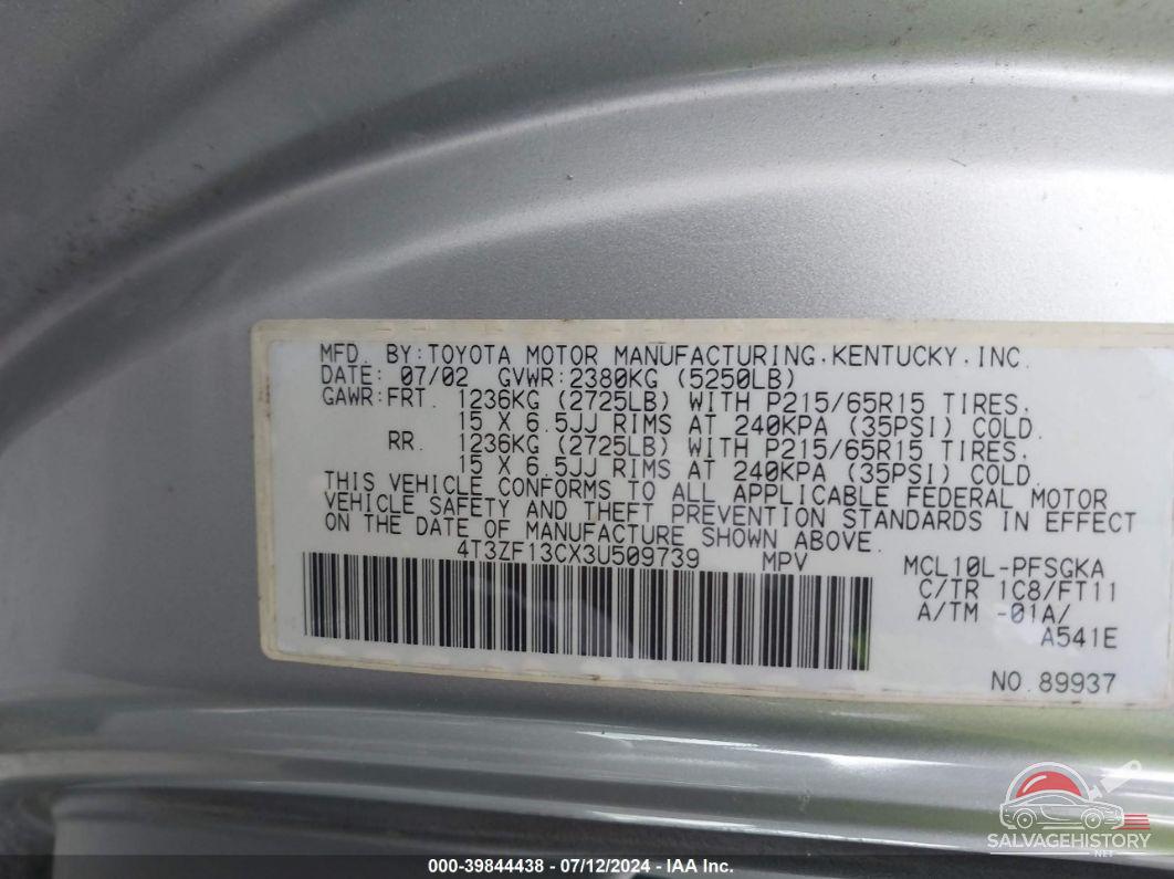 4T3ZF13CX3U509739 2003 TOYOTA SIENNA photo no. 9