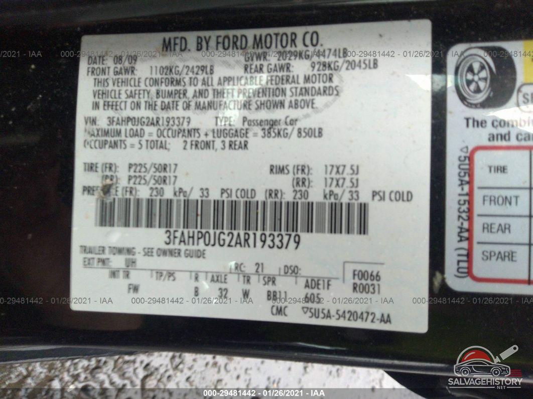 3FAHP0JG2AR193379 2010 FORD FUSION photo no. 9