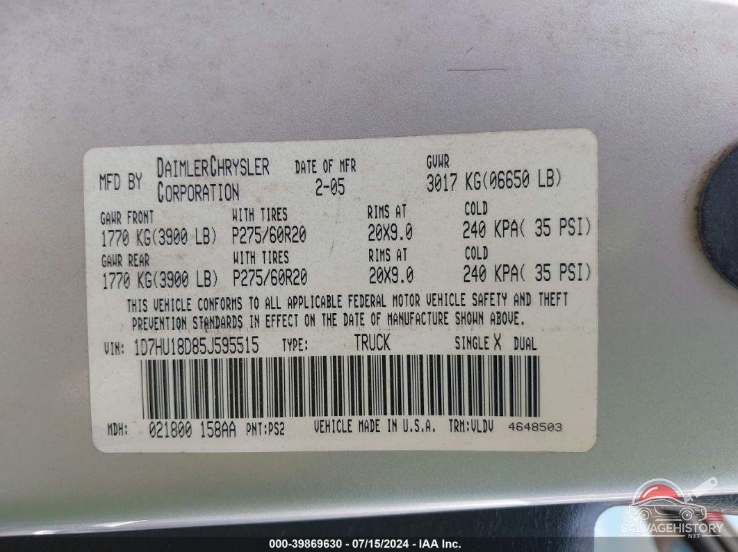 1D7HU18D85J595515 2005 DODGE RAM 1500 photo no. 9