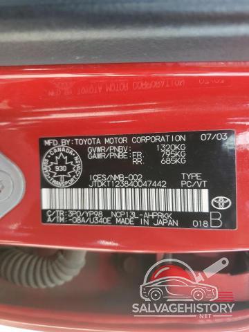 JTDKT123840047442 2004 TOYOTA ECHO photo no. 12