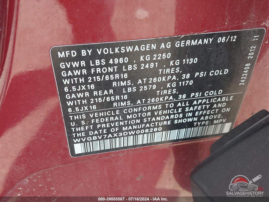 WVGBV7AX3DW006260 2013 VOLKSWAGEN TIGUAN photo no. 9
