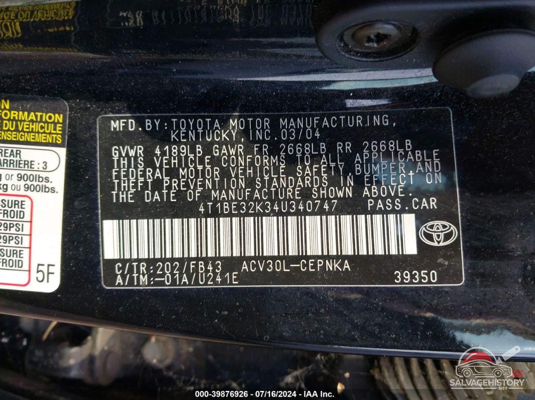 4T1BE32K34U340747 2004 TOYOTA CAMRY photo no. 9