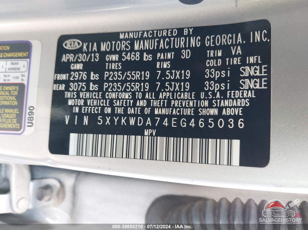 5XYKWDA74EG465036 2014 KIA SORENTO photo no. 9
