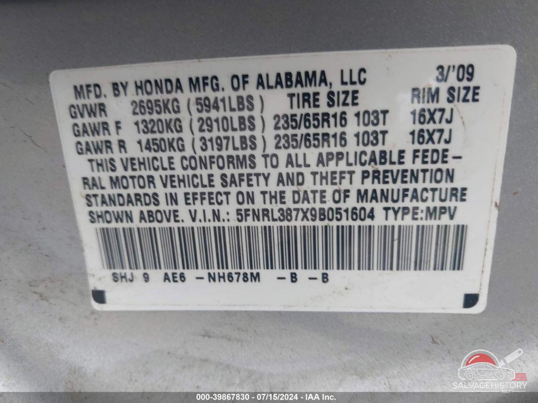 5FNRL387X9B051604 2009 HONDA ODYSSEY photo no. 9