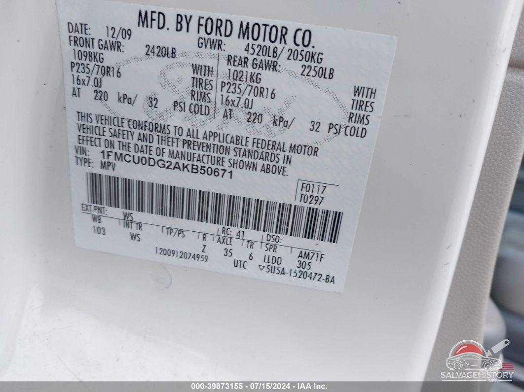 1FMCU0DG2AKB50671 2010 FORD ESCAPE photo no. 9