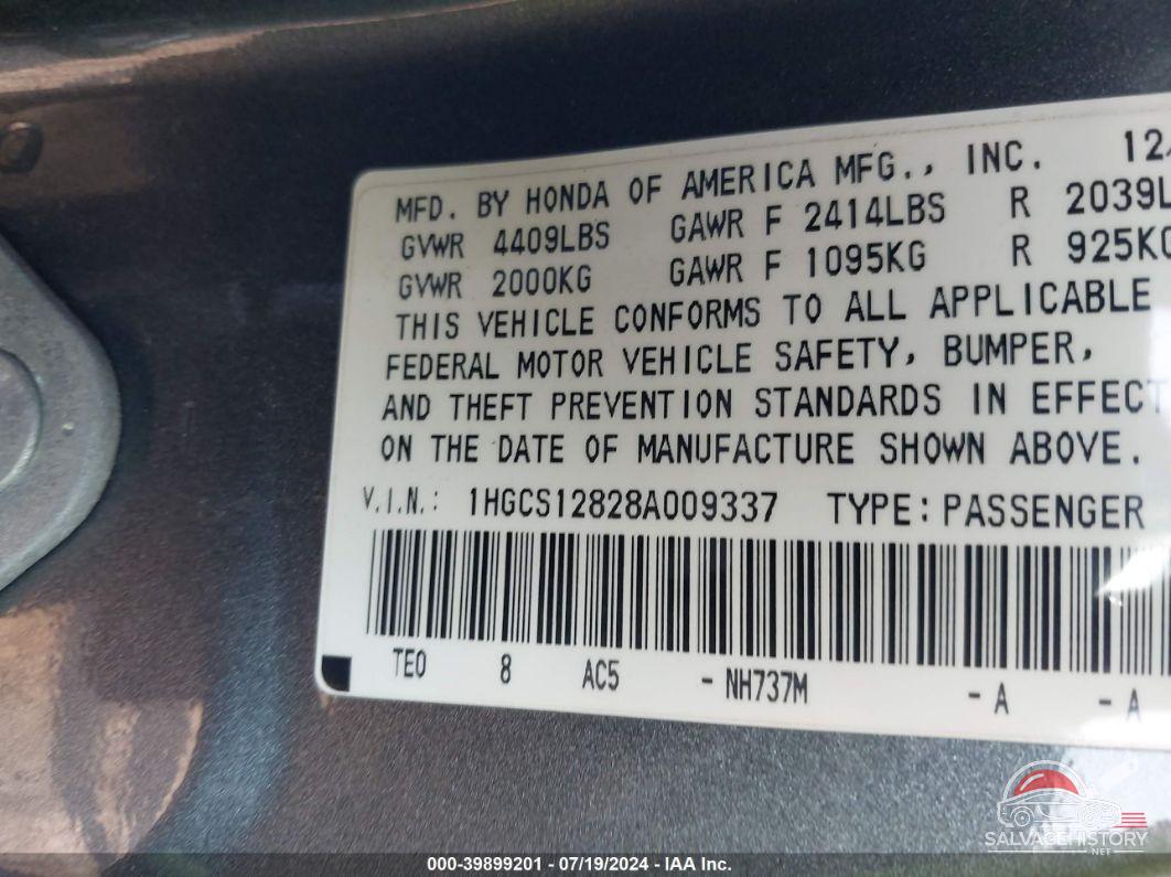 1HGCS12828A009337 2008 HONDA ACCORD photo no. 9