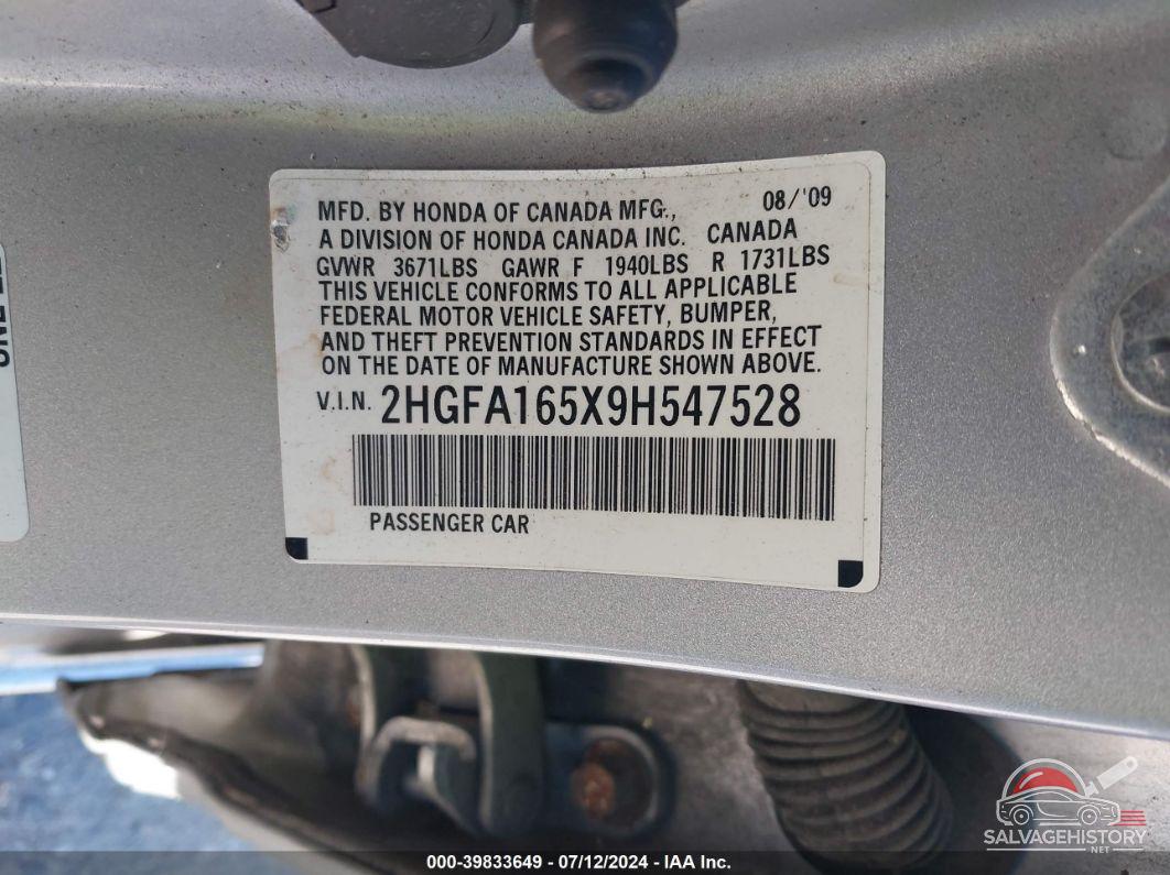 2HGFA165X9H547528 2009 HONDA CIVIC photo no. 9