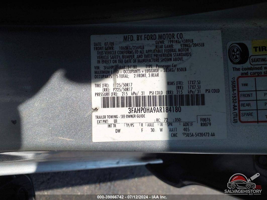 3FAHP0HA9AR184180 2010 FORD FUSION photo no. 9