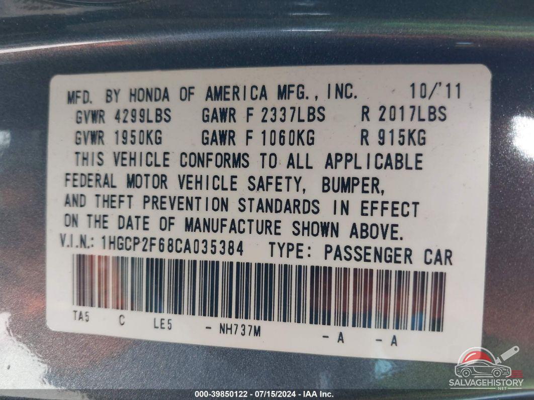 1HGCP2F68CA035384 2012 HONDA ACCORD photo no. 9