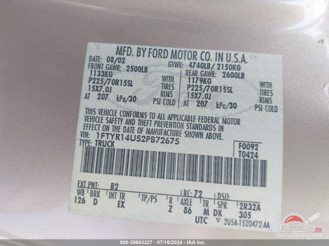 1FTYR14U52PB72675 2002 FORD RANGER photo no. 9