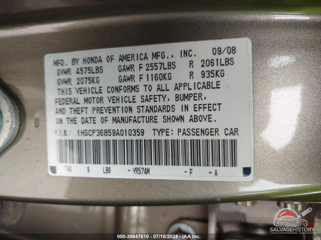1HGCP36859A010359 2009 HONDA ACCORD photo no. 9