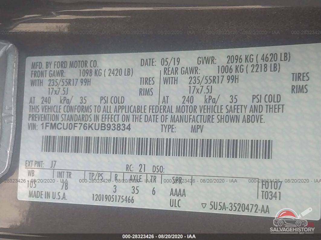 1FMCU0F76KUB93834 2019 FORD ESCAPE photo no. 9