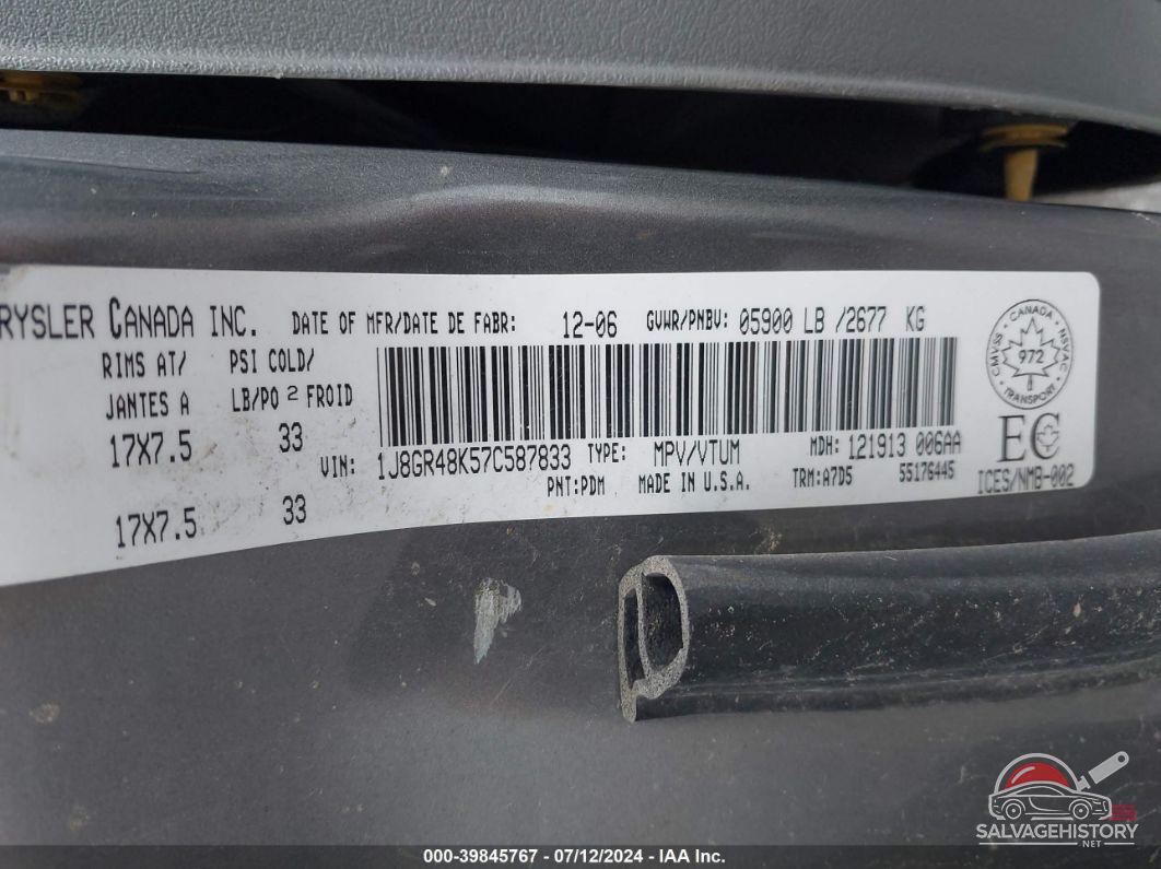 1J8GR48K57C587833 2007 JEEP GRAND CHEROKEE photo no. 9