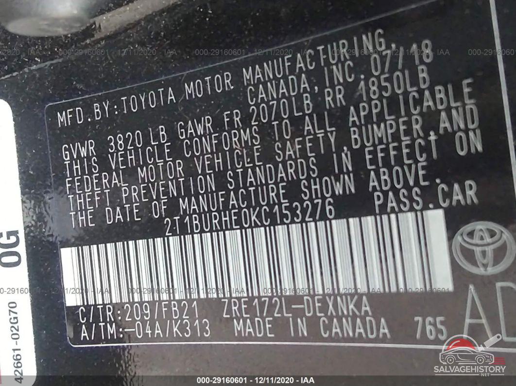 2T1BURHE0KC153276 2019 TOYOTA COROLLA photo no. 9