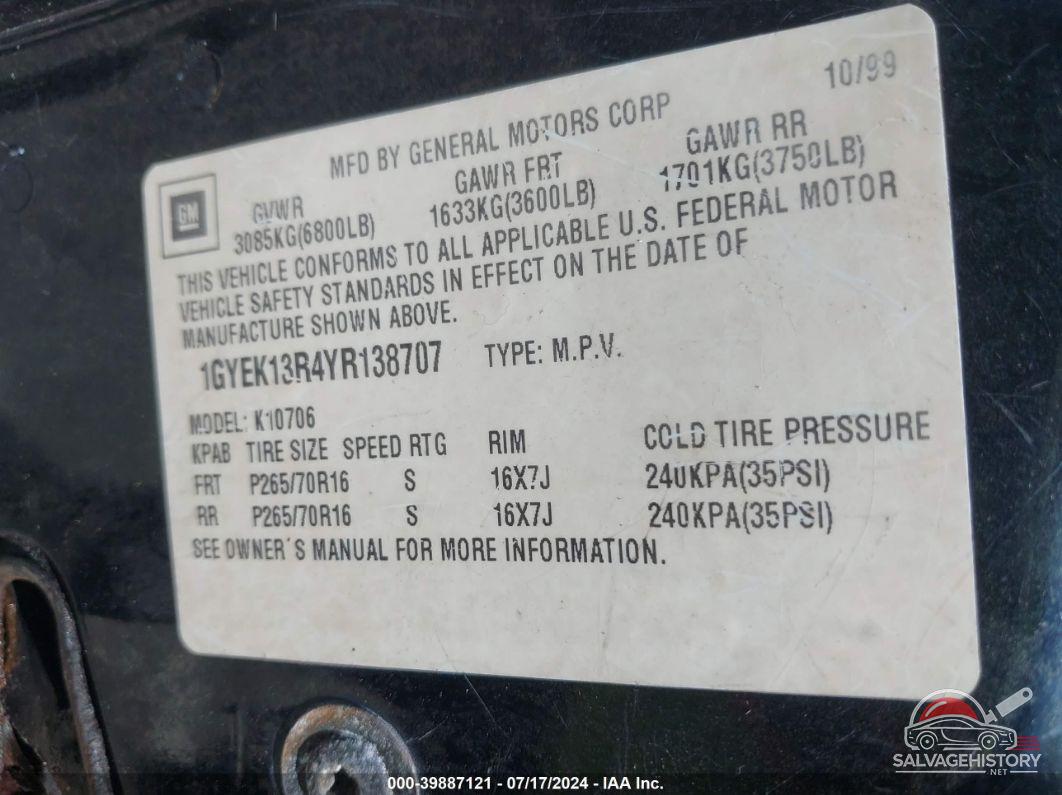 1GYEK13R4YR138707 2000 CADILLAC ESCALADE photo no. 9