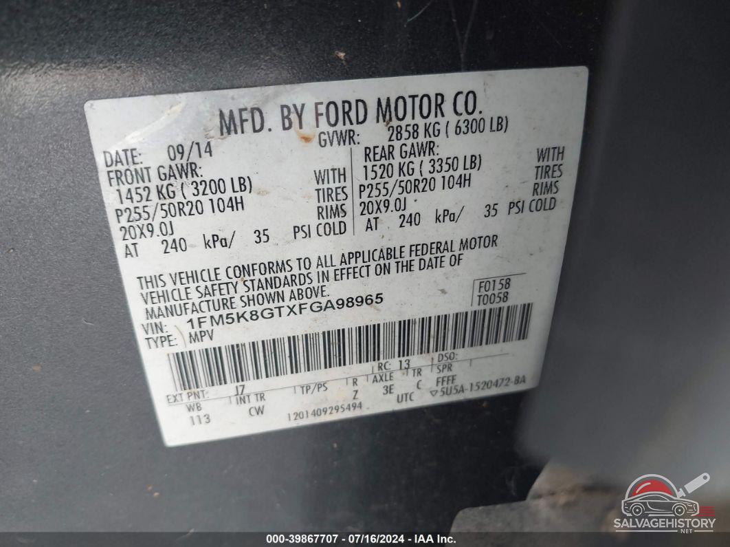 1FM5K8GTXFGA98965 2015 FORD EXPLORER photo no. 9