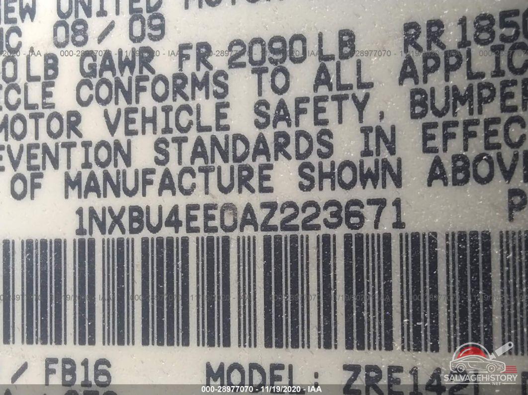 1NXBU4EE0AZ223671 2010 TOYOTA COROLLA photo no. 9