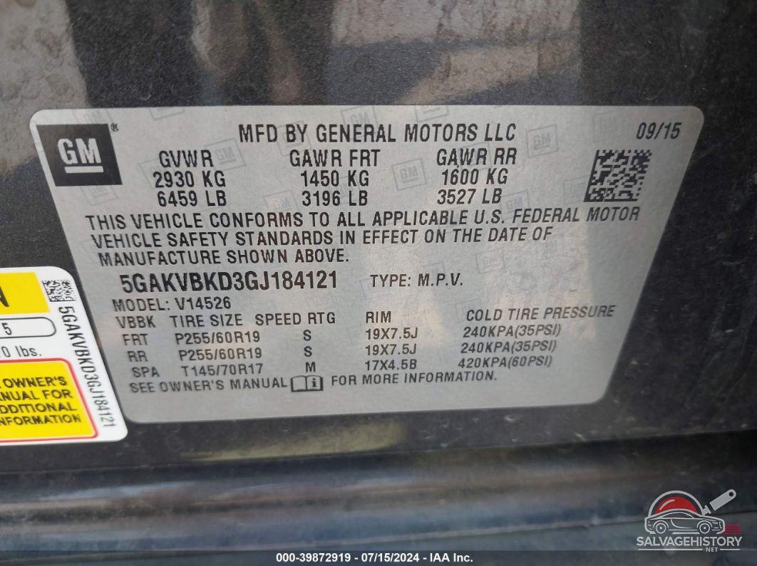 5GAKVBKD3GJ184121 2016 BUICK ENCLAVE photo no. 9