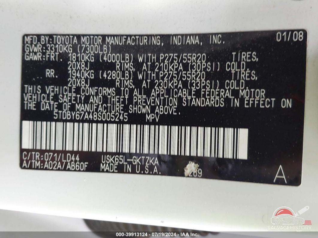 5TDBY67A48S005245 2008 TOYOTA SEQUOIA photo no. 8