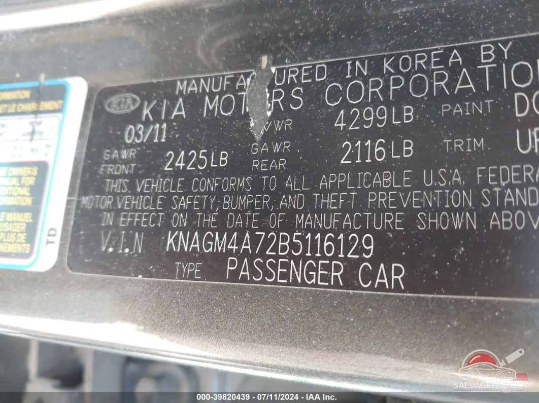 KNAGM4A72B5116129 2011 KIA OPTIMA photo no. 9