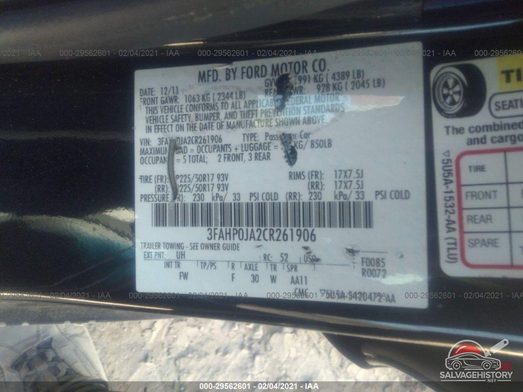 3FAHP0JA2CR261906 2012 FORD FUSION photo no. 9