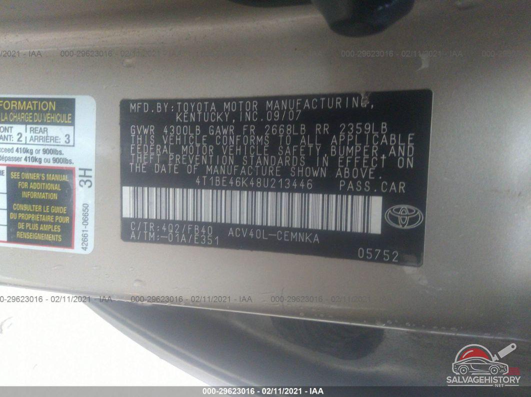 4T1BE46K48U213446 2008 TOYOTA CAMRY photo no. 9