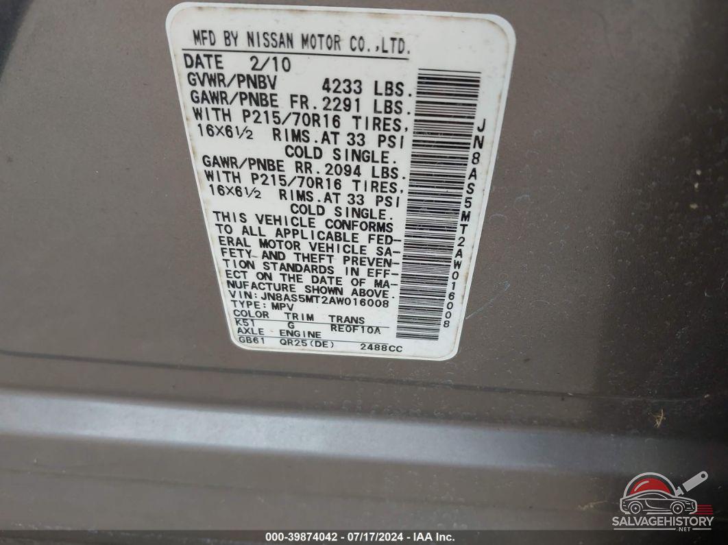 JN8AS5MT2AW016008 2010 NISSAN ROGUE photo no. 9