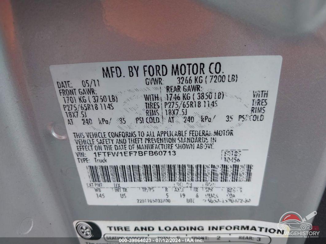 1FTFW1EF7BFB60713 2011 FORD F-150 photo no. 9