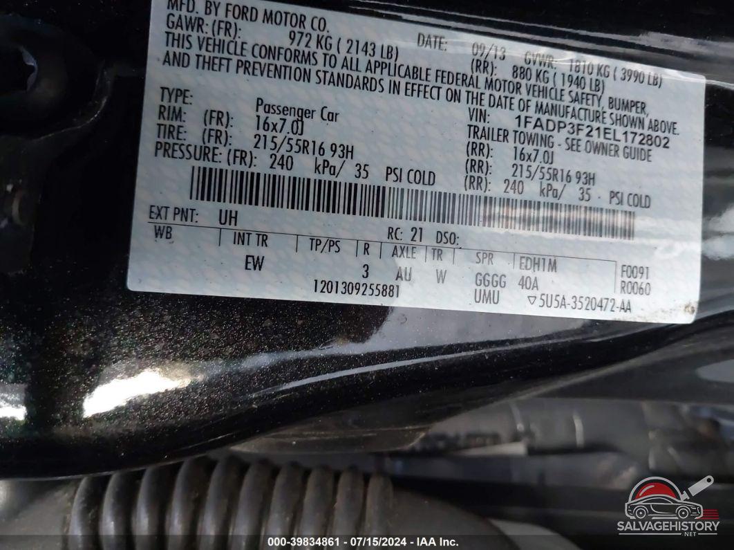 1FADP3F21EL172802 2014 FORD FOCUS photo no. 9