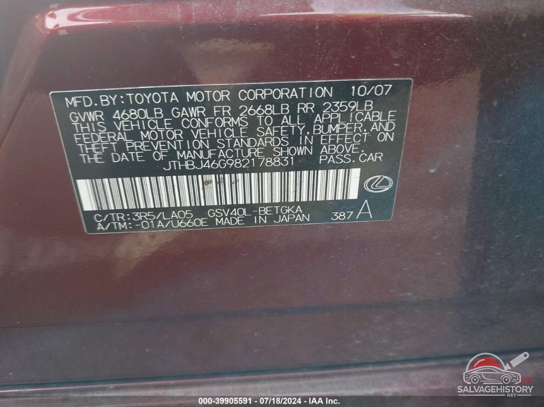JTHBJ46G982178831 2008 LEXUS ES 350 photo no. 9