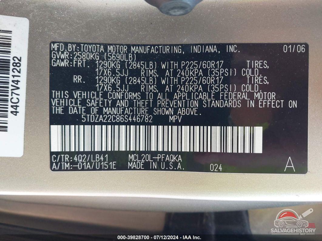5TDZA22C86S446782 2006 TOYOTA SIENNA photo no. 9