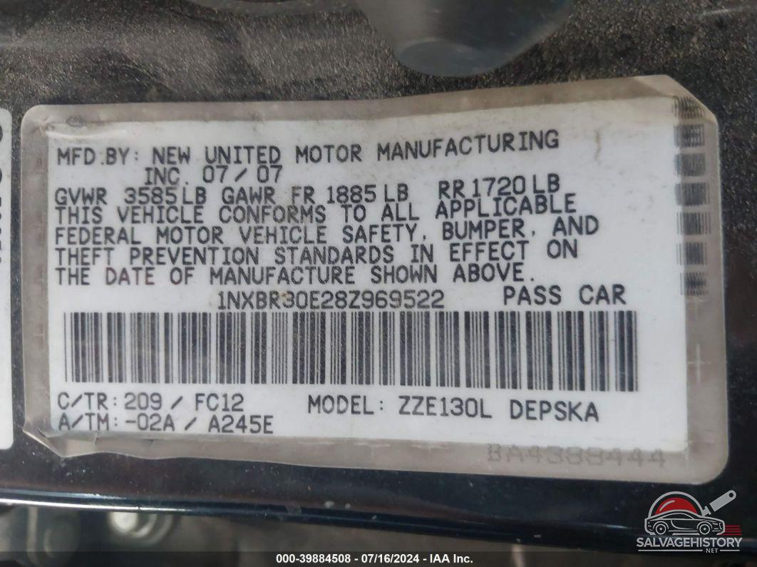 1NXBR30E28Z969522 2008 TOYOTA COROLLA photo no. 9