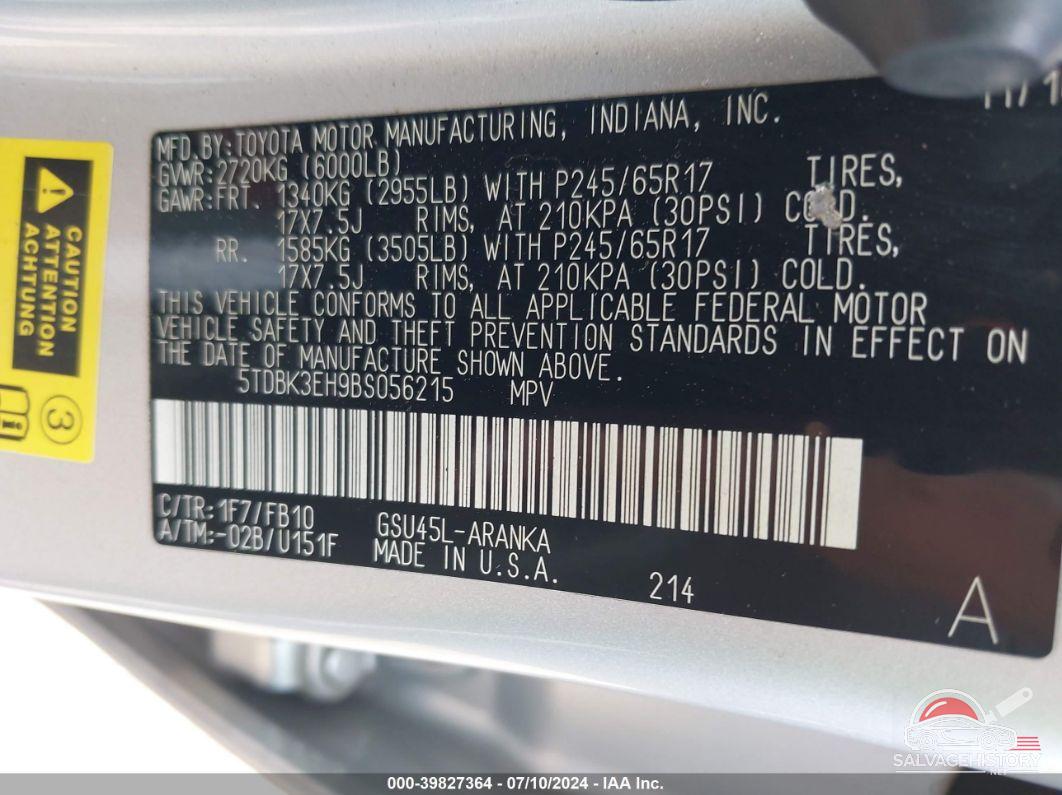 5TDBK3EH9BS056215 2011 TOYOTA HIGHLANDER photo no. 9