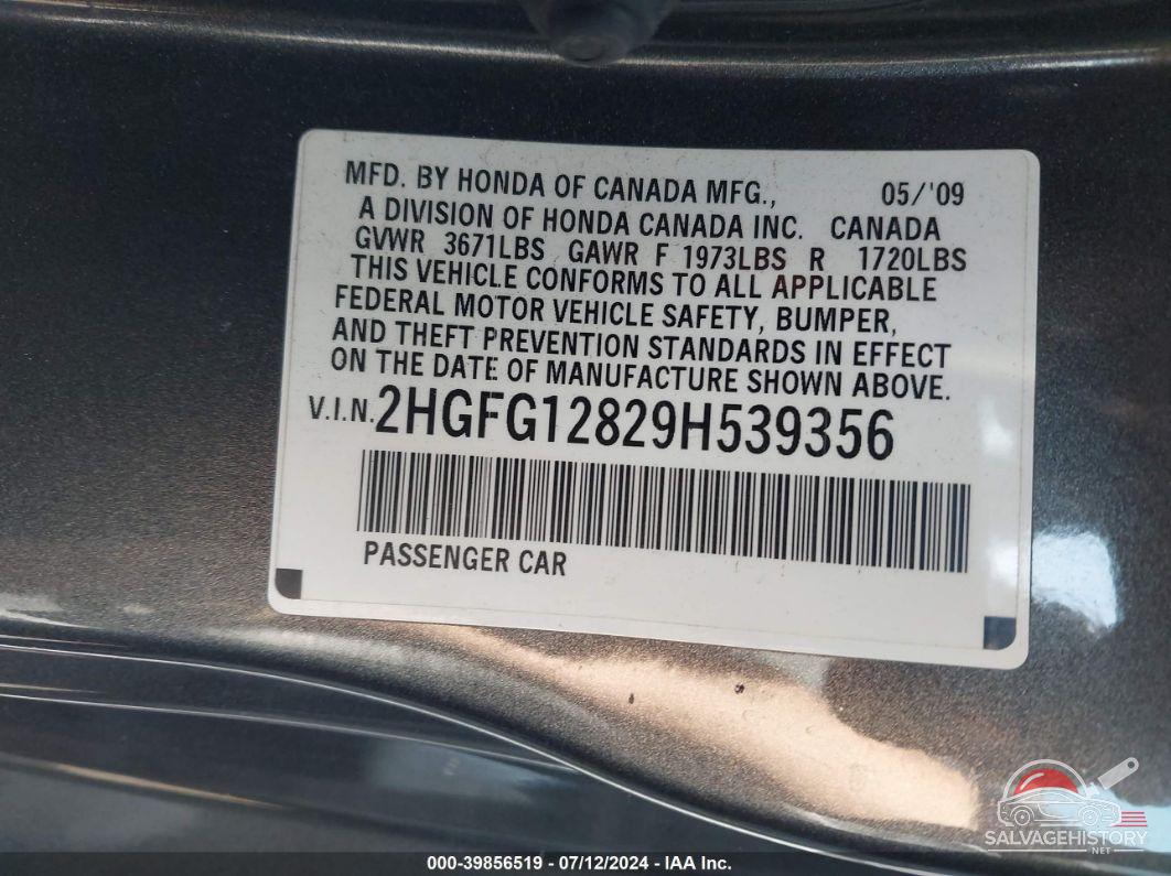 2HGFG12829H539356 2009 HONDA CIVIC photo no. 9