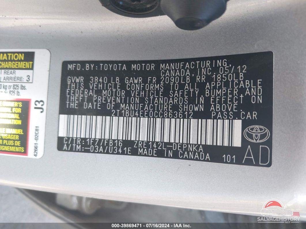 2T1BU4EE0CC863612 2012 TOYOTA COROLLA photo no. 9