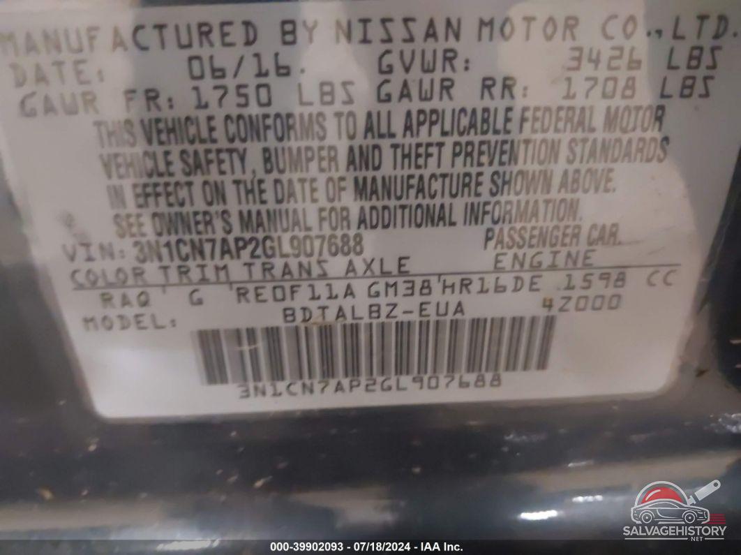 3N1CN7AP2GL907688 2016 NISSAN VERSA photo no. 9