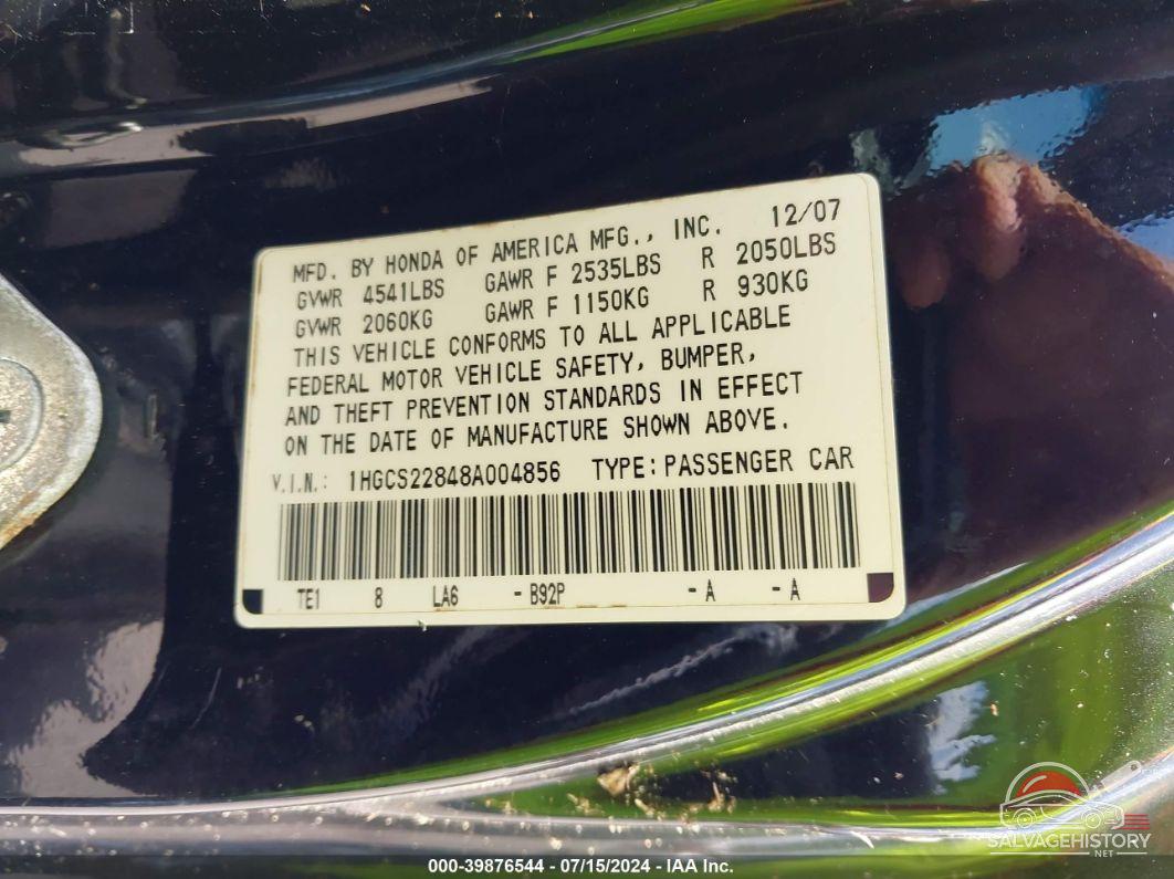1HGCS22848A004856 2008 HONDA ACCORD photo no. 9