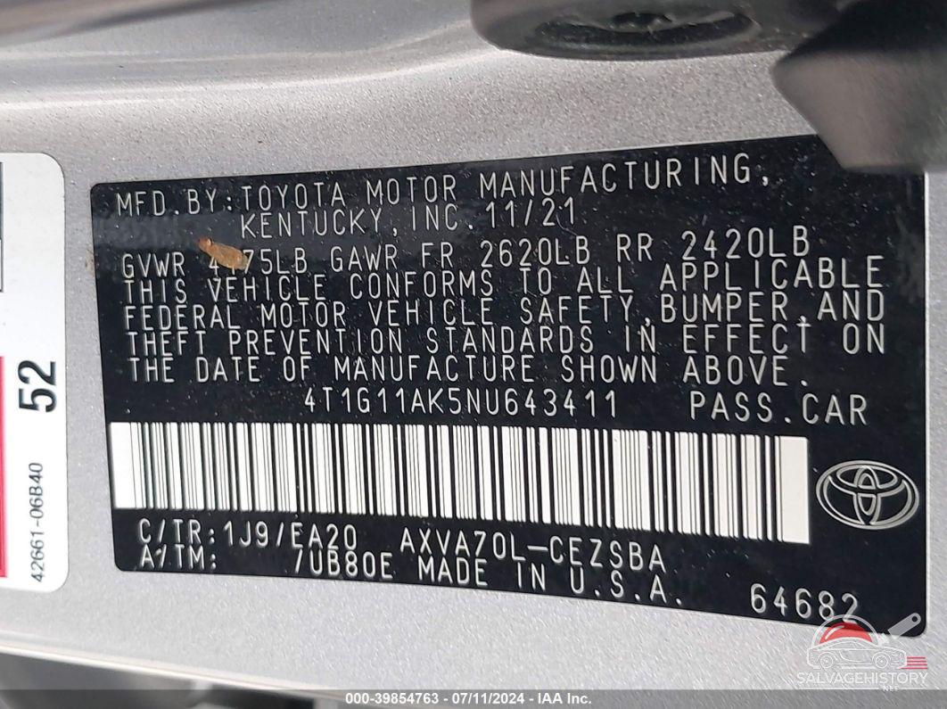 4T1G11AK5NU643411 2022 TOYOTA CAMRY photo no. 9