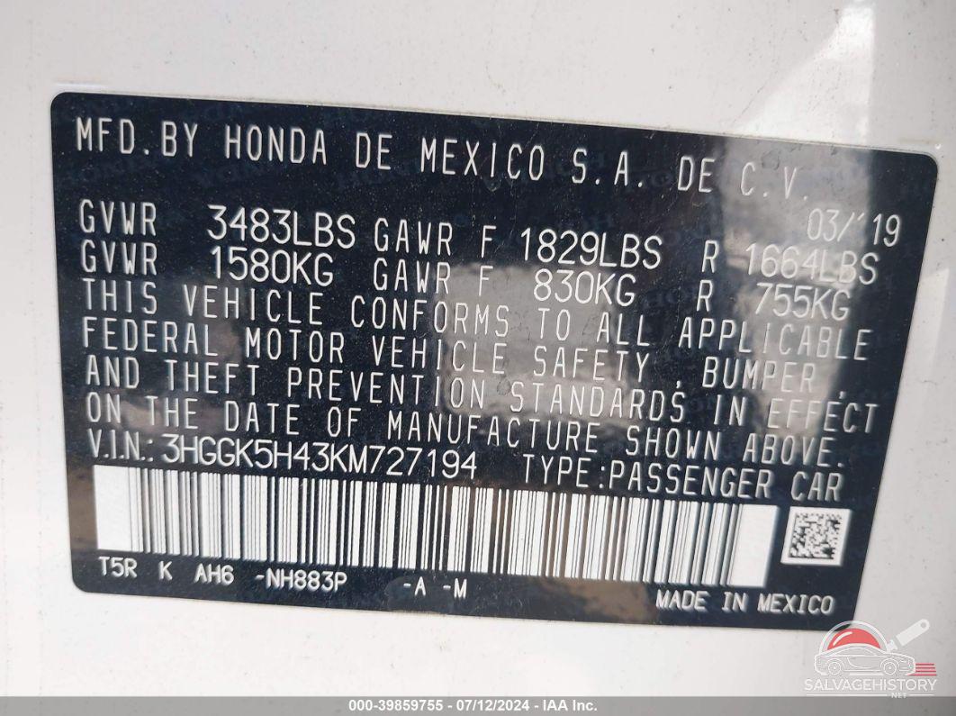 3HGGK5H43KM727194 2019 HONDA FIT photo no. 9