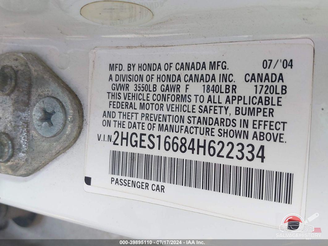 2HGES16684H622334 2004 HONDA CIVIC photo no. 9
