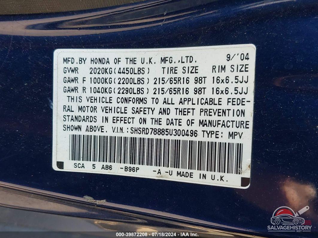 SHSRD78885U300496 2005 HONDA CR-V photo no. 9