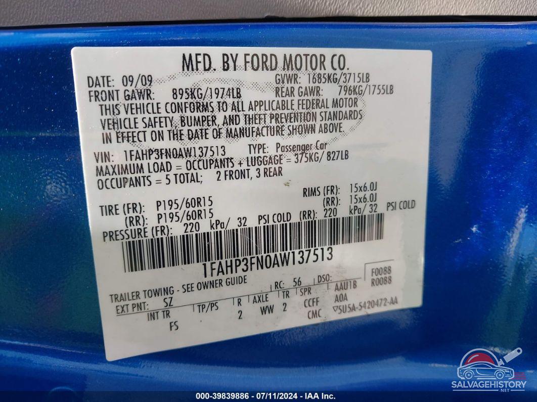 1FAHP3FN0AW137513 2010 FORD FOCUS photo no. 9