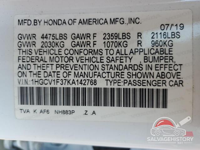 1HGCV1F37KA142768 2019 HONDA ACCORD photo no. 12