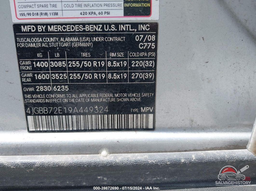 4JGBB72E19A449324 2009 MERCEDES-BENZ ML 550 photo no. 9
