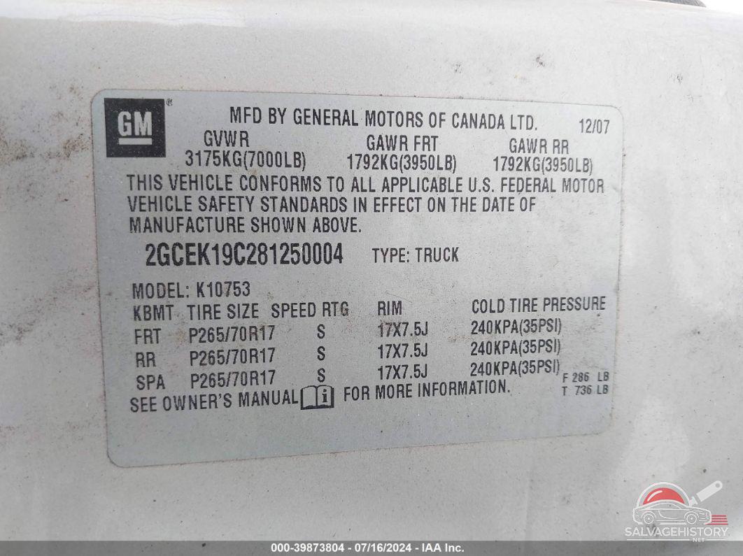 2GCEK19C281250004 2008 CHEVROLET SILVERADO 1500 photo no. 9
