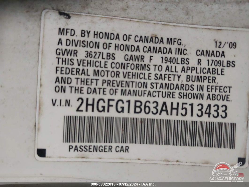 2HGFG1B63AH513433 2010 HONDA CIVIC photo no. 9