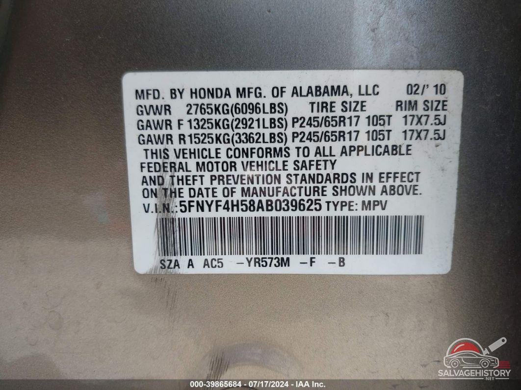 5FNYF4H58AB039625 2010 HONDA PILOT photo no. 9