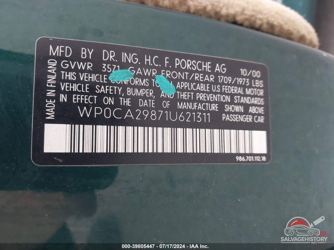 WP0CA29871U621311 2001 PORSCHE BOXSTER photo no. 9